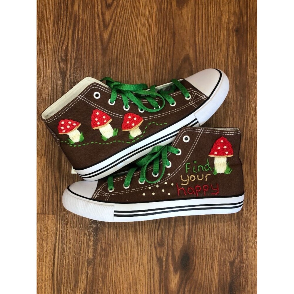 Hand Embroidered Sneakers Mushrooms Size 9
